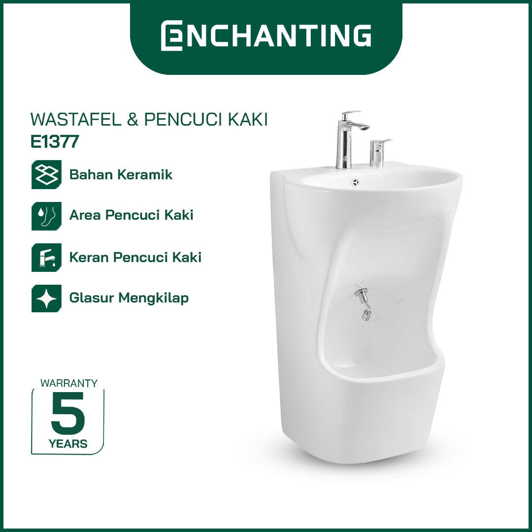 ENCHANTING Wastafel & Pencuci Kaki Standing Wudhu Basin E1377 Complete dengan Keran Washtafel Cuci tangan material Ceramic White Bergaransi