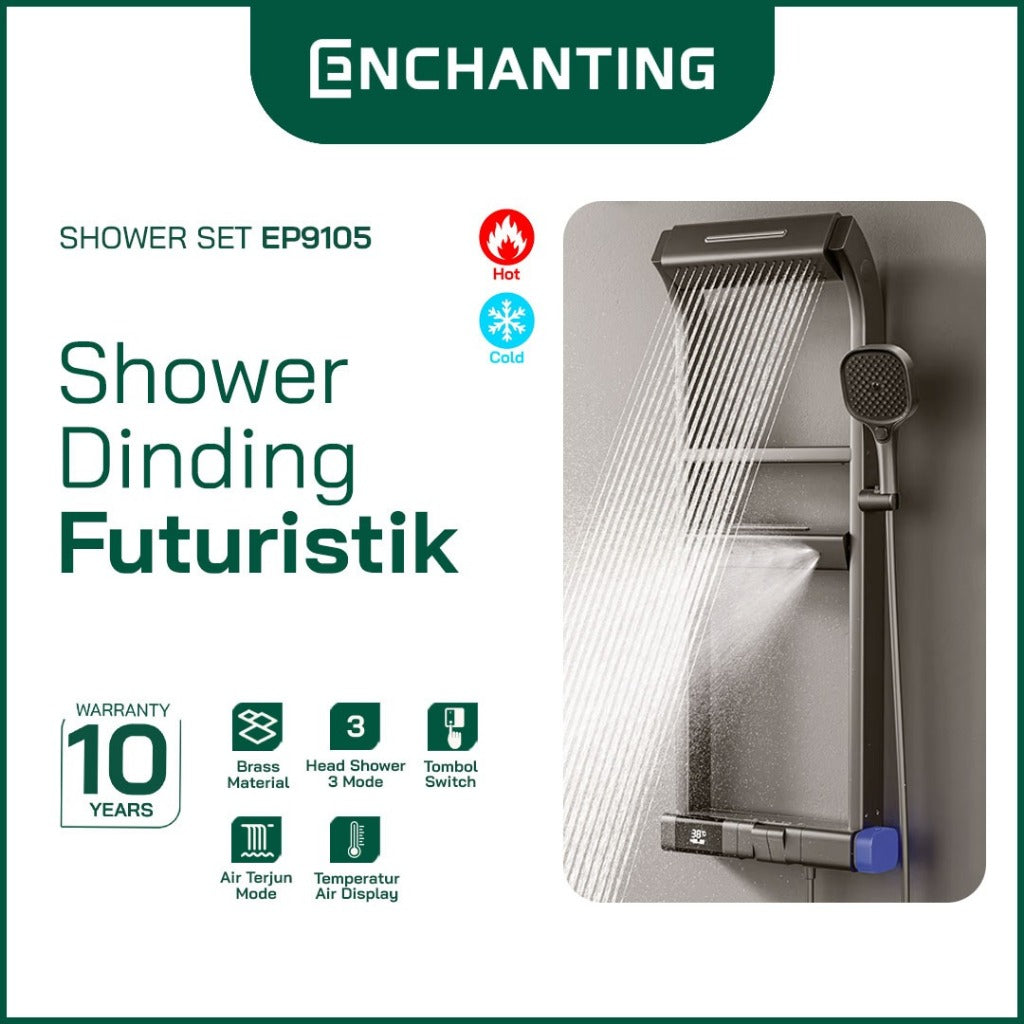 ENCHANTING Shower Set Tiang Gunmetal Grey Keran Air Panas Dingin 3 Mode Air Brass Material Mode Air Terjun EP9105