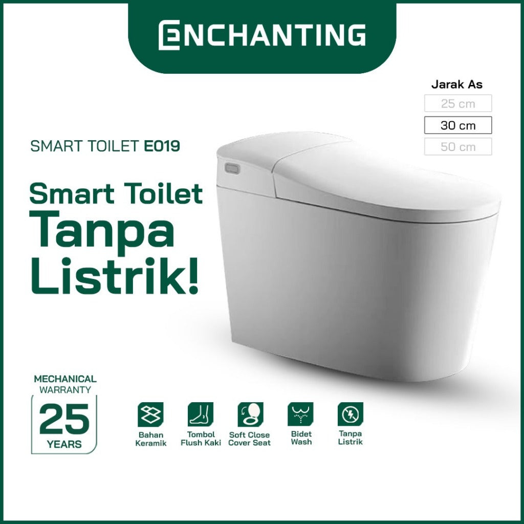 ENCHANTING Smart Toilet/Kloset Tanpa Listrik Duduk Pintar Soft Close Cover Jarak AS 30 cm Automatic White Bergaransi E019