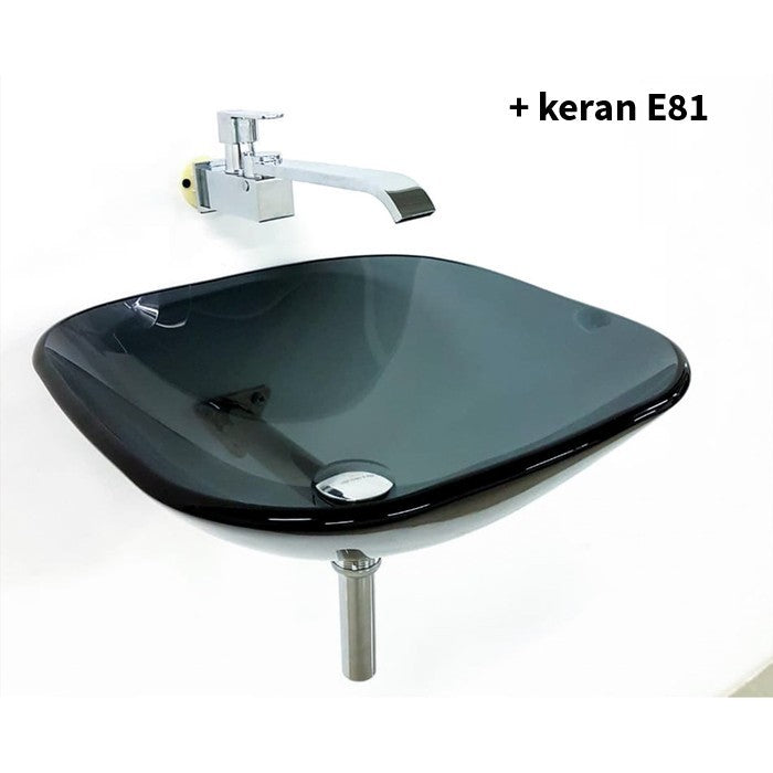 Wastafel Tempered Glass Europe Enchanting A127-SQ-BLK + Kran E81