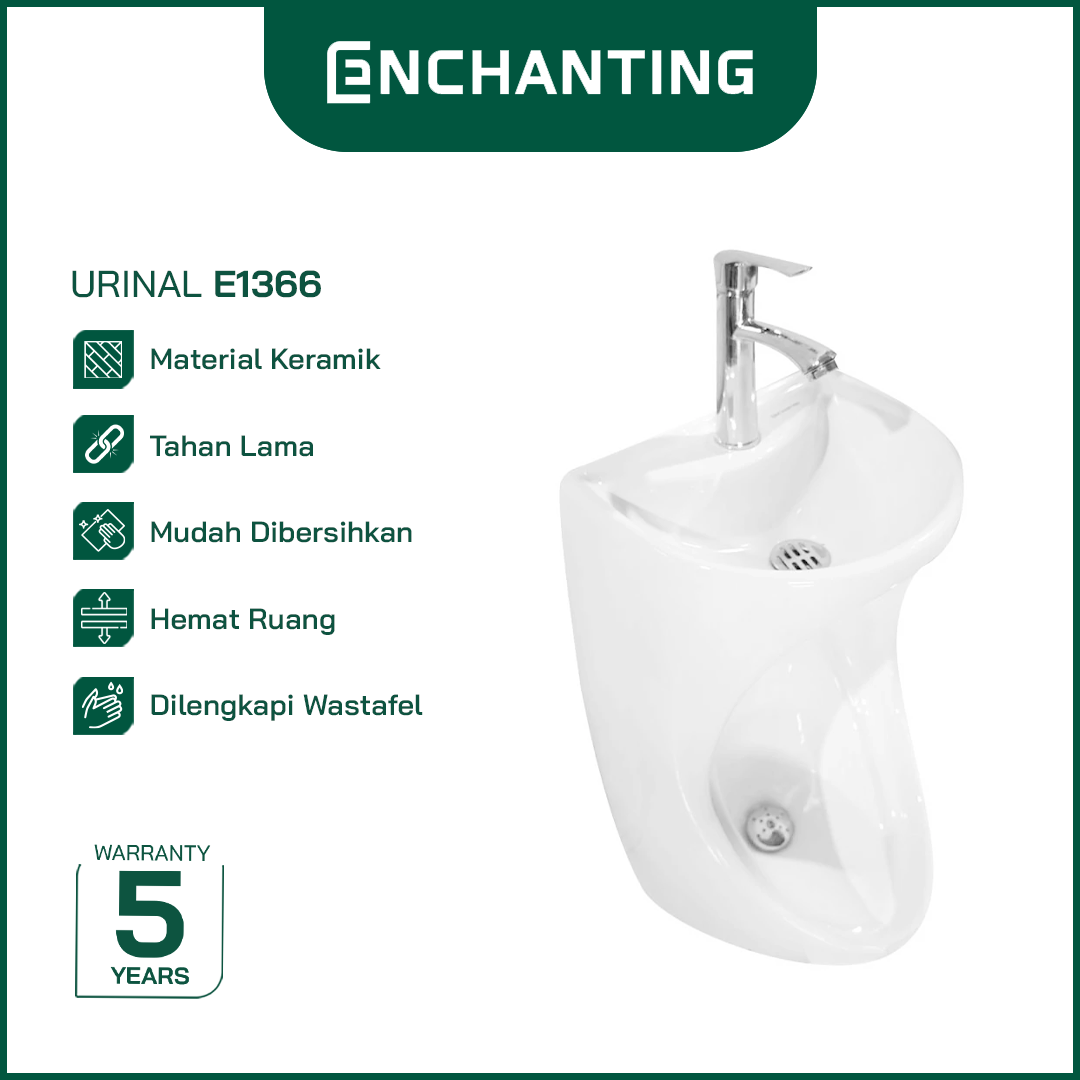 ENCHANTING Urinal Toilet E1366 Complete dengan Keran dan saringan Wastafel Cuci tangan material Ceramic White Bergaransi.