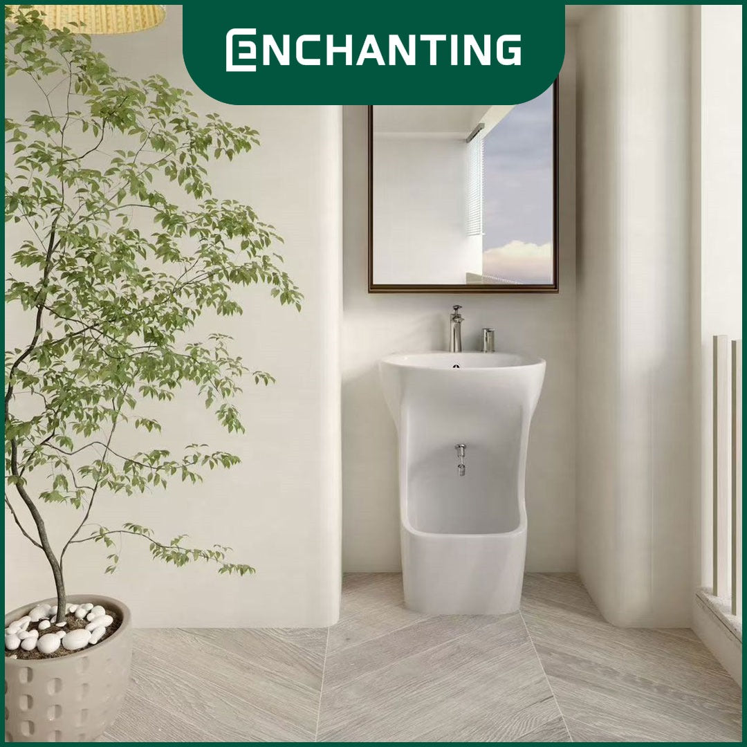 ENCHANTING Wastafel & Pencuci Kaki Standing Wudhu Basin E1377 Complete dengan Keran Washtafel Cuci tangan material Ceramic White Bergaransi