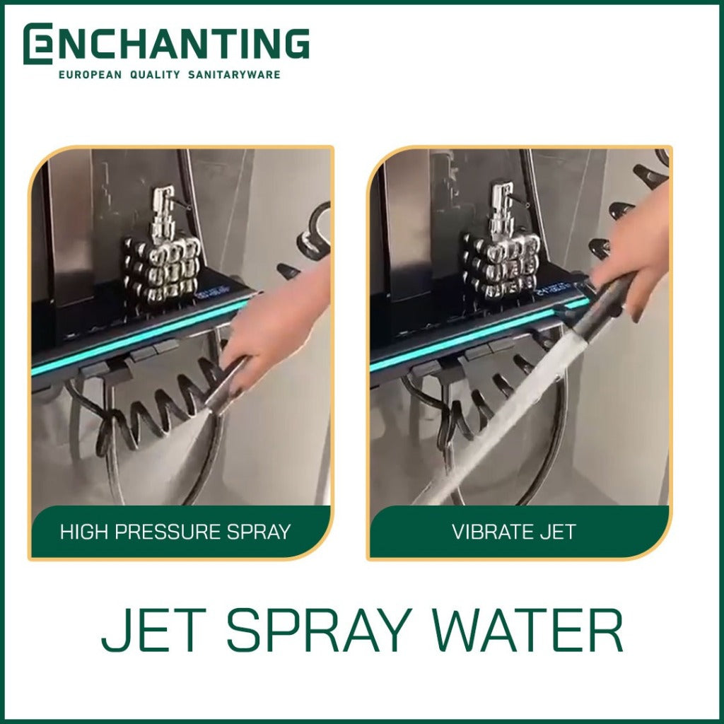 ENCHANTING Shower Set Tiang Mandi LED Black Design Kran Panas Dingin E1773 HydroPower Series