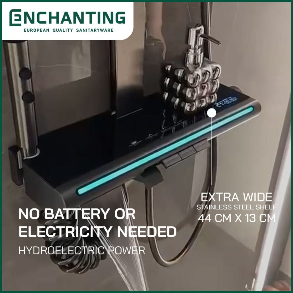 ENCHANTING Shower Set Tiang Mandi LED Black Design Kran Panas Dingin E1773 HydroPower Series