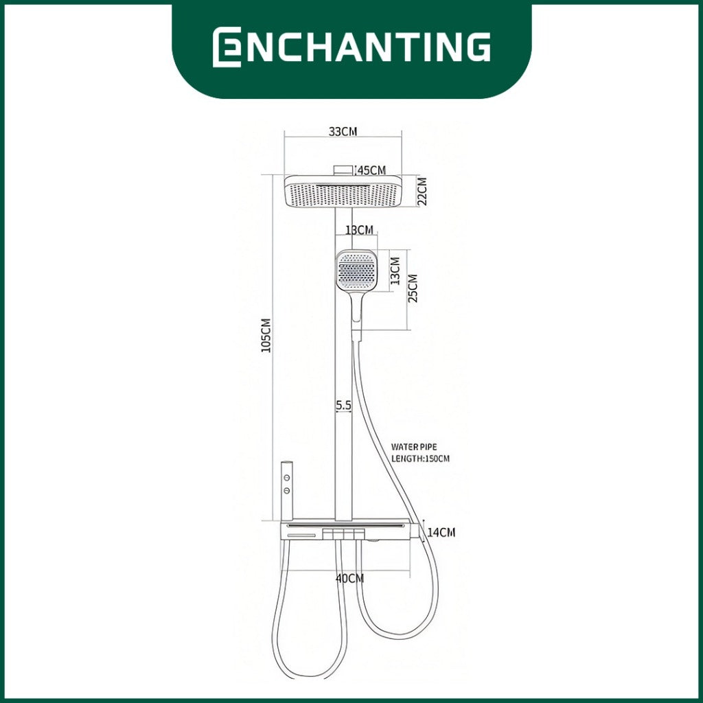 ENCHANTING Shower Set Tiang Mandi LED Black Design Kran Panas Dingin E1773 HydroPower Series