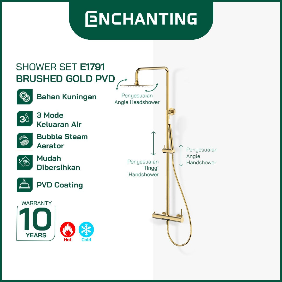 ENCHANTING Shower Tiang Set Kamar Mandi Kran Air Panas Dingin Material Brass Kuningan Brushed Gold RoseGold GunMetal PVD E1790 E1791 E1792 Bergaransi
