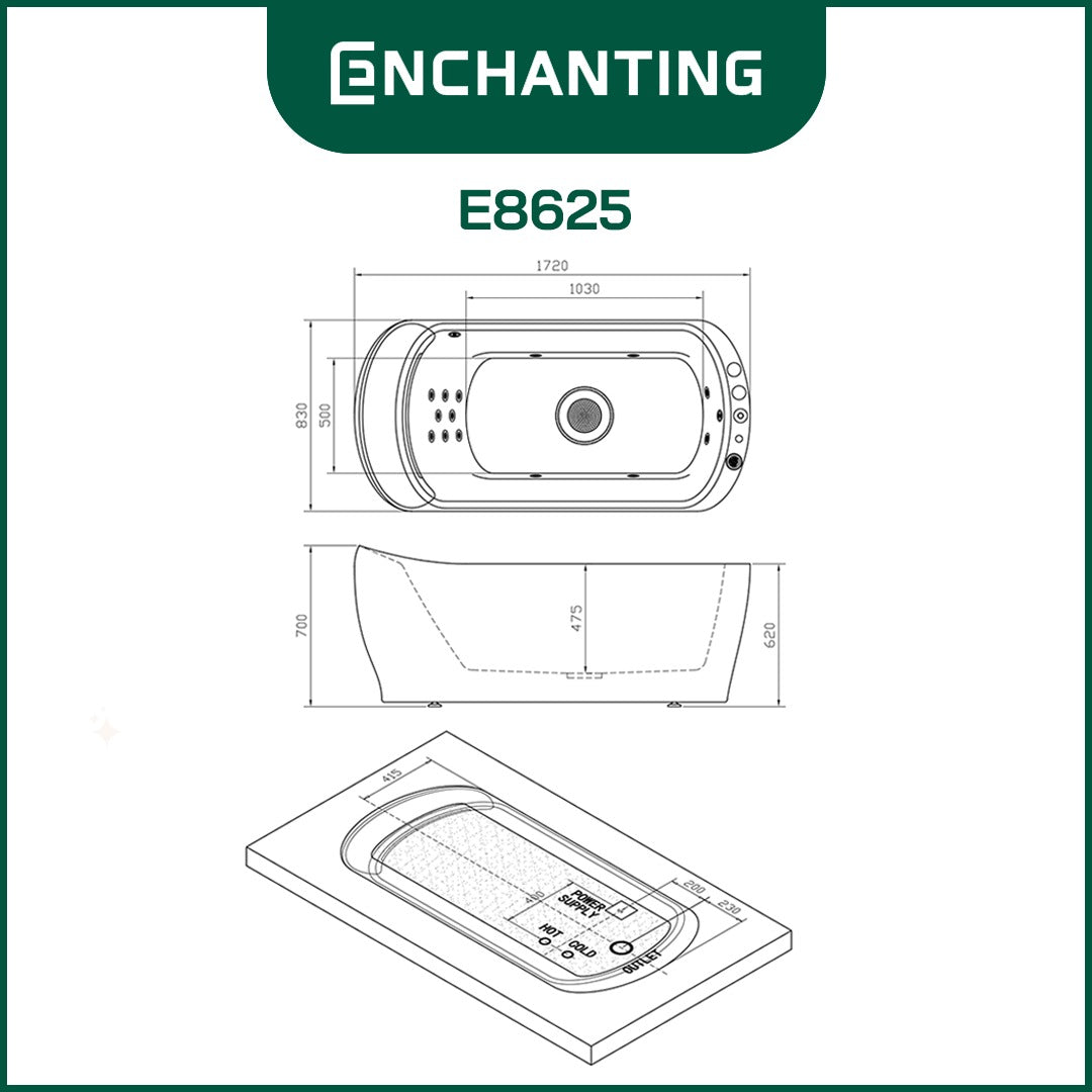 ENCHANTING Bathtub Whirlpool Free Standing LED Kamar Mandi Europe Enchanting Akrilik Luxury Modern E8625