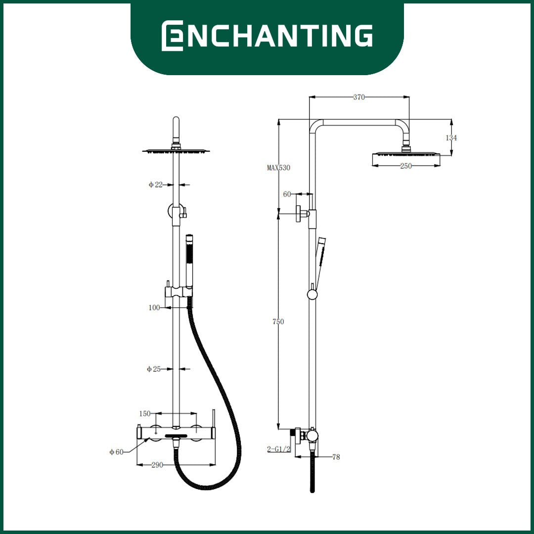 ENCHANTING Shower Tiang Set Kamar Mandi Kran Air Panas Dingin Material Brass Kuningan Brushed Gold RoseGold GunMetal PVD E1790 E1791 E1792 Bergaransi