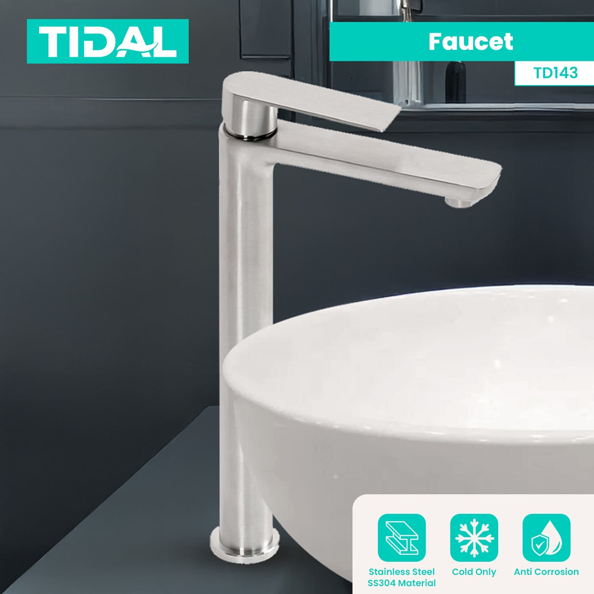 TIDAL Keran Air Wastafel Tanam Dingin Stainless Steel Kran Air Tinggi TD143