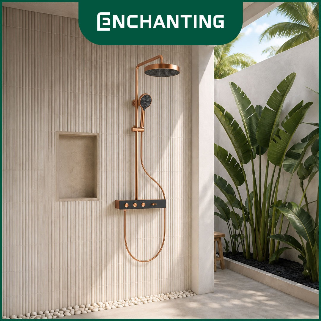 ENCHANTING Shower Dinding Modern Classic PVD Coating Brushed Rose Gold Air Panas Dingin Kuningan Material Mode Air Terjun Tombol Pencet EP9106