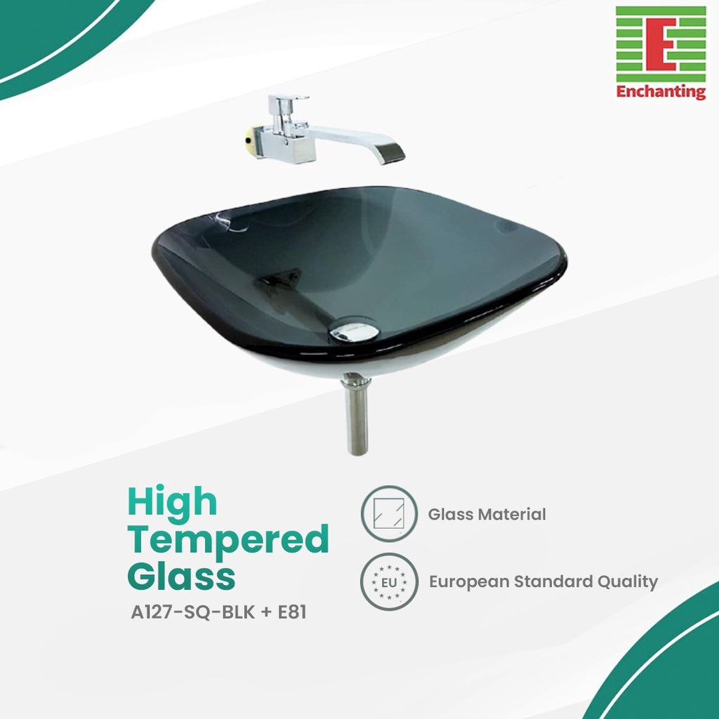 Wastafel Tempered Glass Europe Enchanting A127-SQ-BLK + Kran E81