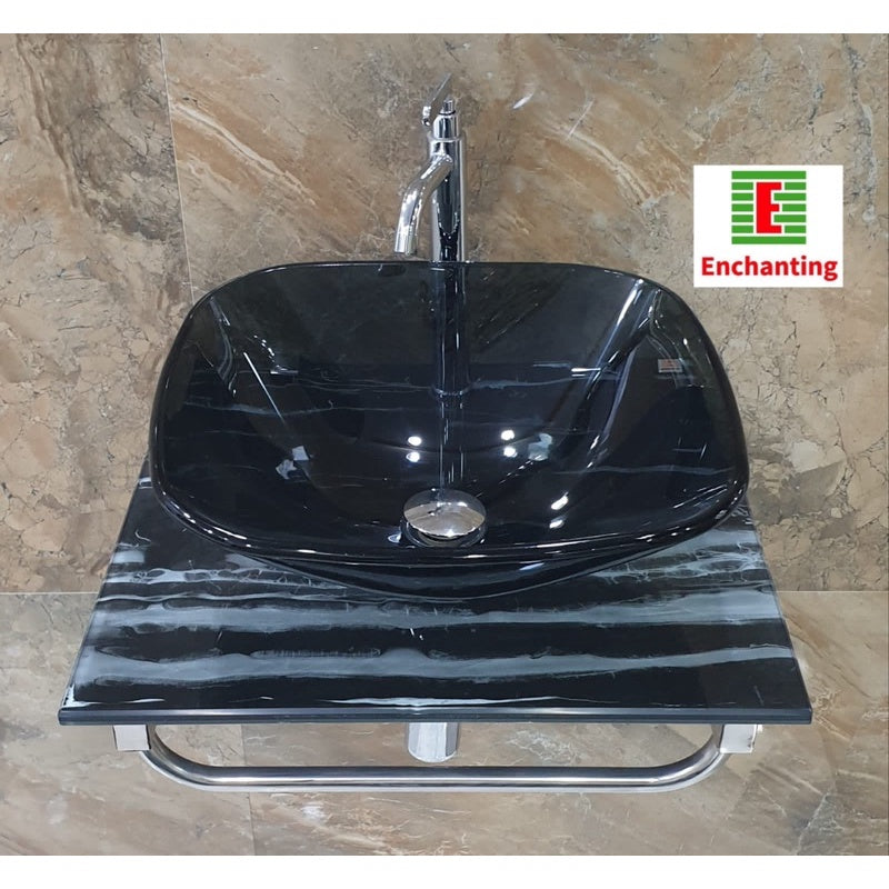 Enchanting Wastafel Kaca High Tempered Glass E221-SQ-P-BLK