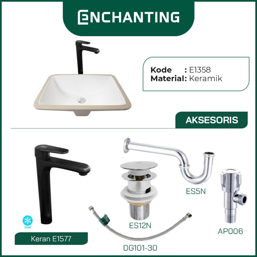 ENCHANTING Wastafel Tanam Meja UnderMount Washtafel Kamar Mandi Cuci Tangan under mount Putih Modern Minimalis Material Keramik Europe Enchanting E1358
