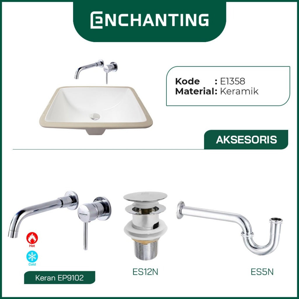 ENCHANTING Wastafel Tanam Meja UnderMount Washtafel Kamar Mandi Cuci Tangan under mount Putih Modern Minimalis Material Keramik Europe Enchanting E1358