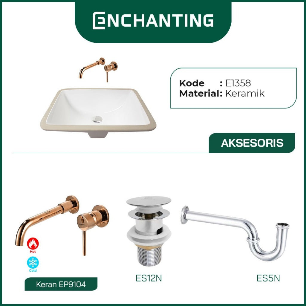 ENCHANTING Wastafel Tanam Meja UnderMount Washtafel Kamar Mandi Cuci Tangan under mount Putih Modern Minimalis Material Keramik Europe Enchanting E1358