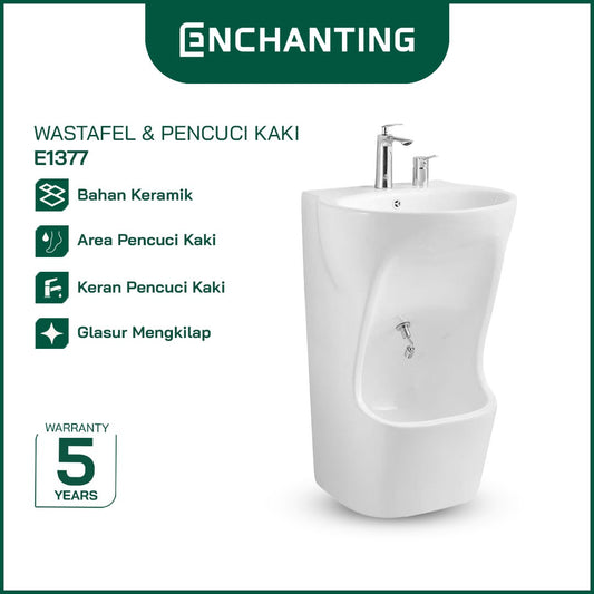 ENCHANTING Wastafel & Pencuci Kaki Standing Wudhu Basin E1377 Complete dengan Keran Washtafel Cuci tangan material Ceramic White Bergaransi