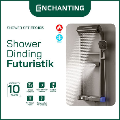 ENCHANTING Shower Set Tiang Gunmetal Grey Keran Air Panas Dingin 3 Mode Air Brass Material Mode Air Terjun EP9105