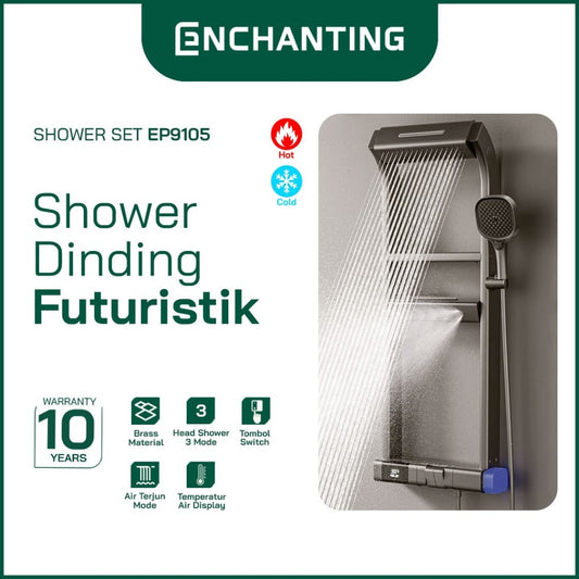 ENCHANTING Shower Set Tiang Gunmetal Grey Keran Air Panas Dingin 3 Mode Air Brass Material Mode Air Terjun EP9105