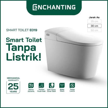 ENCHANTING Smart Toilet/Kloset Tanpa Listrik Duduk Pintar Soft Close Cover Jarak AS 30 cm Automatic White Bergaransi E019