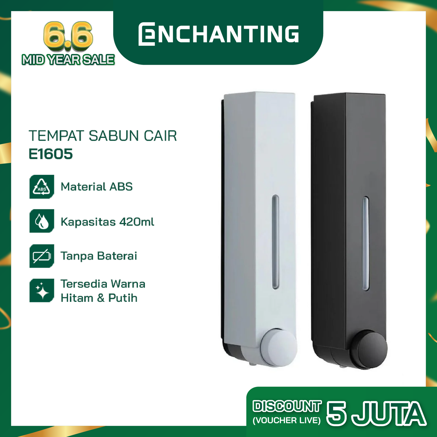 ENCHANTING Tempat Sabun Cair E1605 Liquid Soap Dispenser 420 Ml ABS White / Black