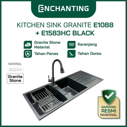 ENCHANTING E1088+E1583HC Black Kitchen Sink Bak Cuci Piring Dapur Granite 2 Bowl Topmount Set Keran Panas Dingin