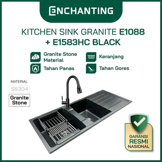 ENCHANTING E1088+E1583HC Black Kitchen Sink Bak Cuci Piring Dapur Granite 2 Bowl Topmount Set Keran Panas Dingin