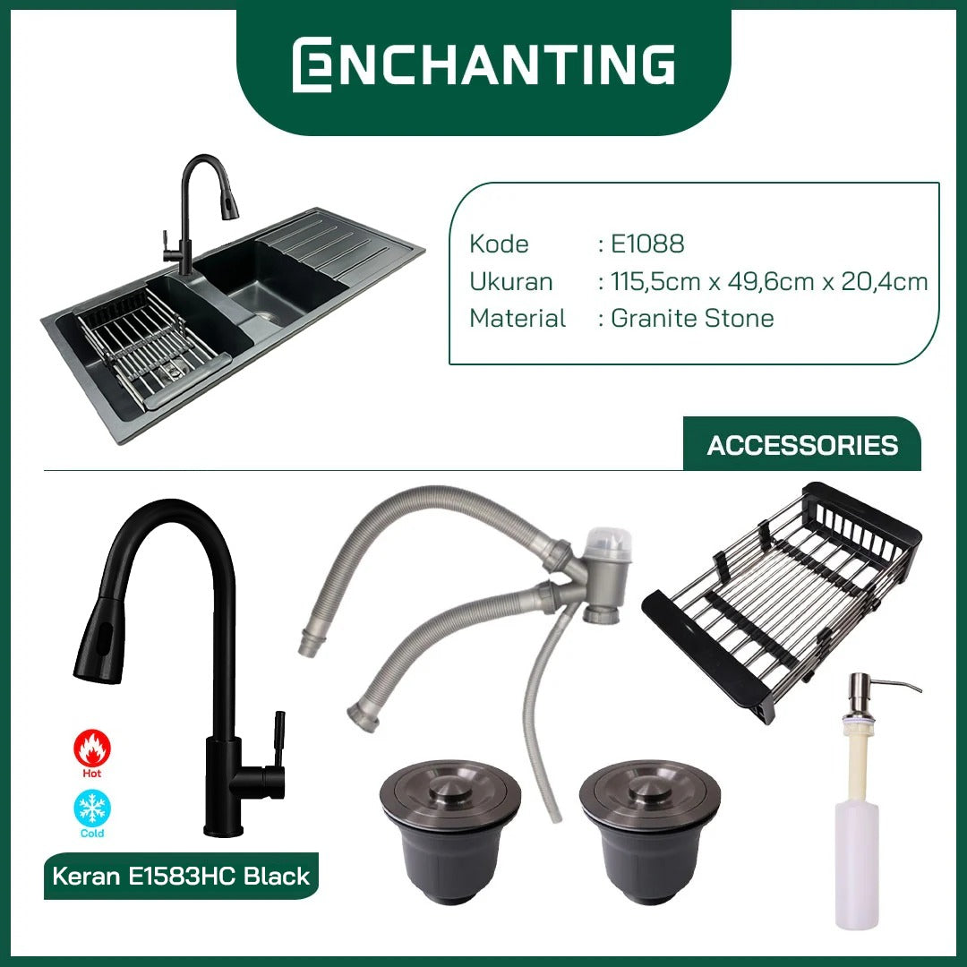 ENCHANTING E1088+E1583HC Black Kitchen Sink Bak Cuci Piring Dapur Granite 2 Bowl Topmount Set Keran Panas Dingin