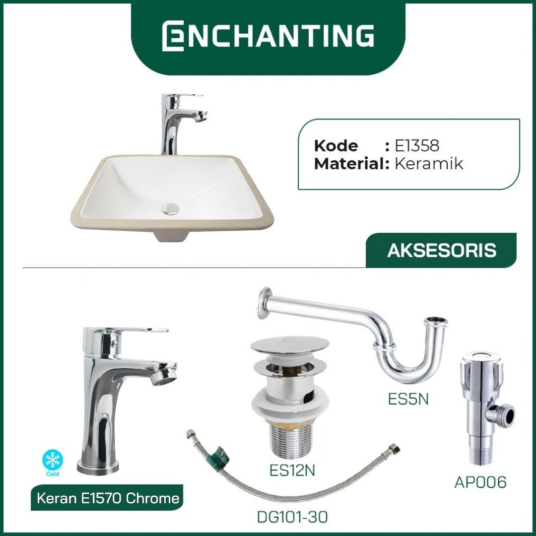 ENCHANTING Wastafel Tanam Meja UnderMount Washtafel Kamar Mandi Cuci Tangan under mount Putih Modern Minimalis Material Keramik Europe Enchanting E1358
