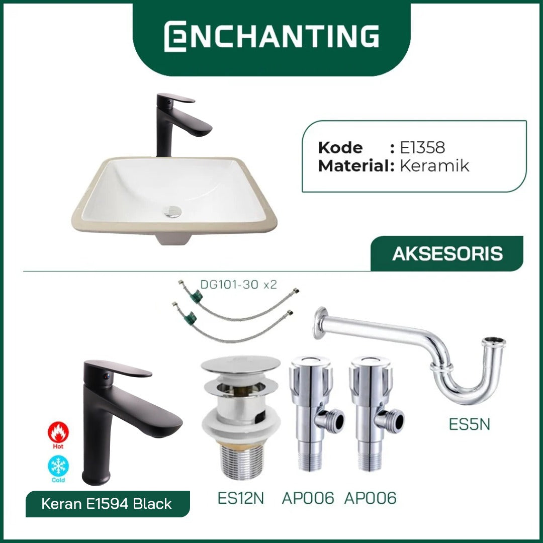 ENCHANTING Wastafel Tanam Meja UnderMount Washtafel Kamar Mandi Cuci Tangan under mount Putih Modern Minimalis Material Keramik Europe Enchanting E1358