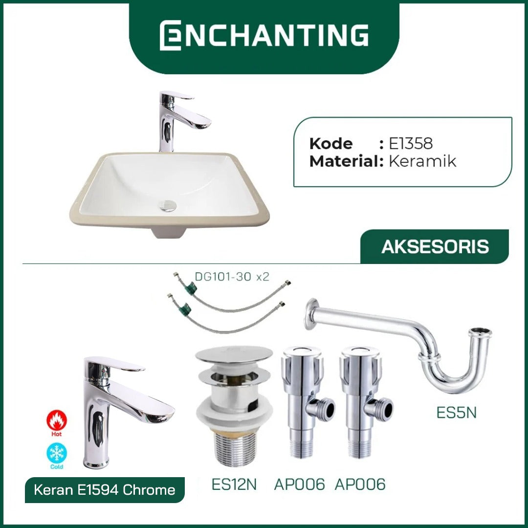 ENCHANTING Wastafel Tanam Meja UnderMount Washtafel Kamar Mandi Cuci Tangan under mount Putih Modern Minimalis Material Keramik Europe Enchanting E1358
