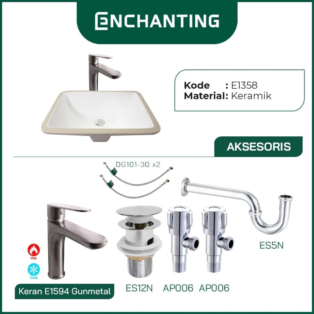 ENCHANTING Wastafel Tanam Meja UnderMount Washtafel Kamar Mandi Cuci Tangan under mount Putih Modern Minimalis Material Keramik Europe Enchanting E1358
