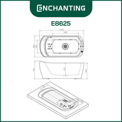 ENCHANTING Bathtub Whirlpool Free Standing LED Kamar Mandi Europe Enchanting Akrilik Luxury Modern E8625