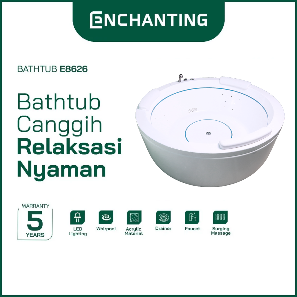 ENCHANTING Bathtub Kamar Mandi Acrylic Material Whirpool LED Lighting E8626
