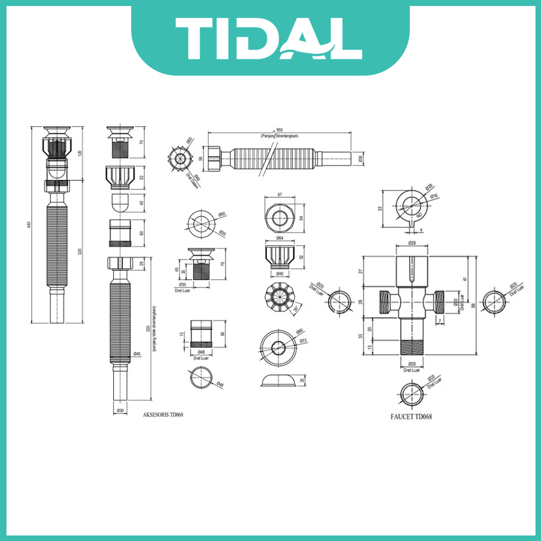 Paket Lengkap Kran Air Wastafel Tanam TIDAL TD068 FullSet Aksesoris