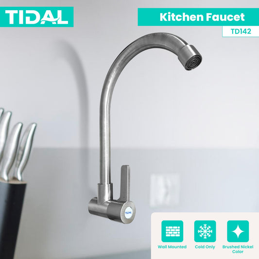 TIDAL Kitchen Faucet / Keran Air Dapur Tembok Angsa Kran Air Dingin Cartridge Kuningan Brushed Nickel Tidal TD142