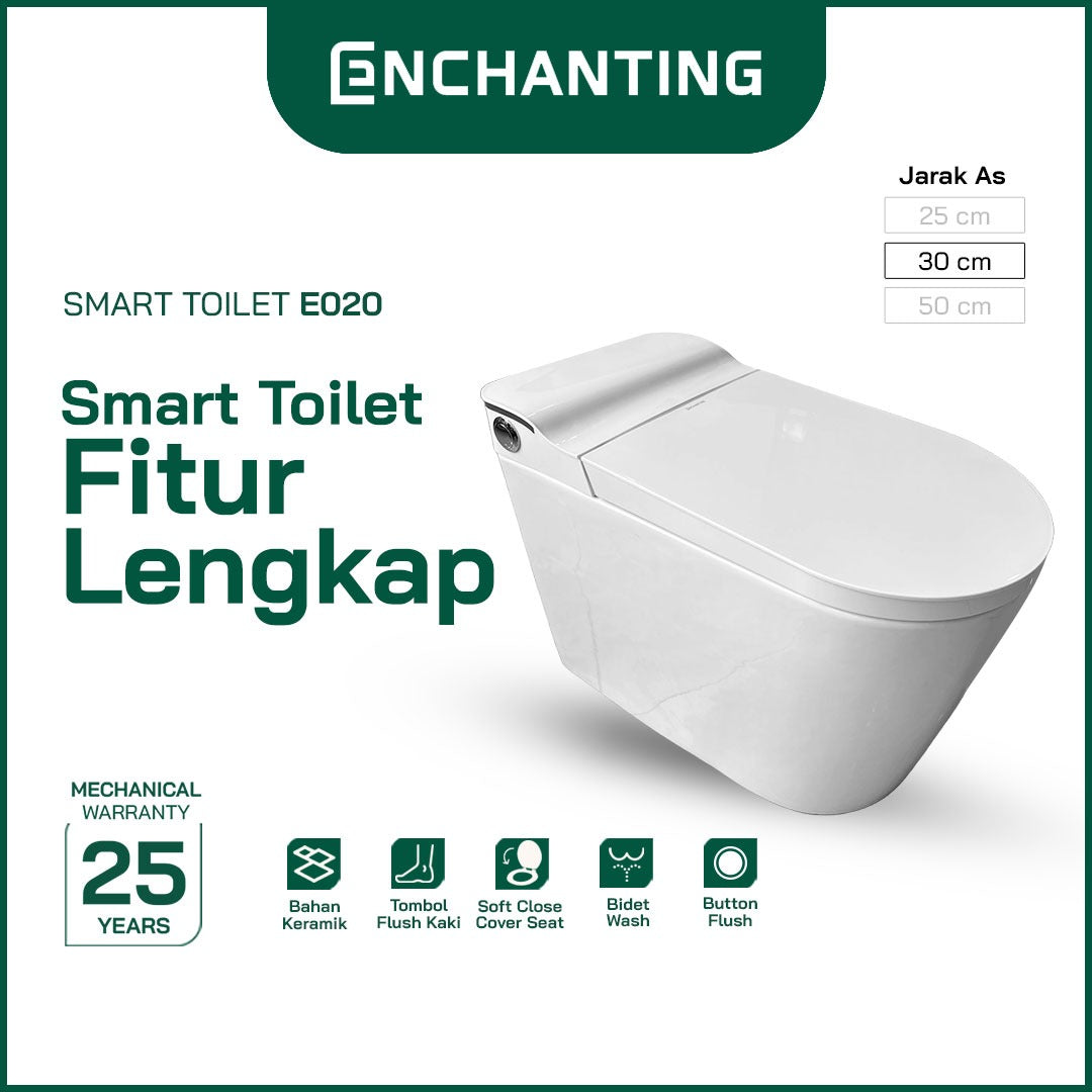 ENCHANTING Smart Toilet/Kloset Tanpa Listrik Duduk Pintar Soft Close Cover Jarak AS 30 cm Automatic White Bergaransi E020