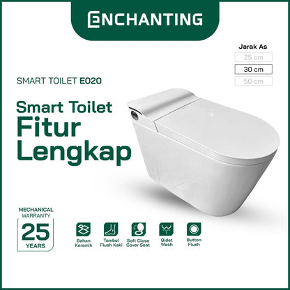 ENCHANTING Smart Toilet/Kloset Tanpa Listrik Duduk Pintar Soft Close Cover Jarak AS 30 cm Automatic White Bergaransi E020
