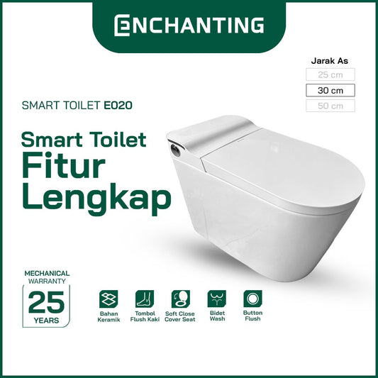 ENCHANTING Smart Toilet/Kloset Tanpa Listrik Duduk Pintar Soft Close Cover Jarak AS 30 cm Automatic White Bergaransi E020