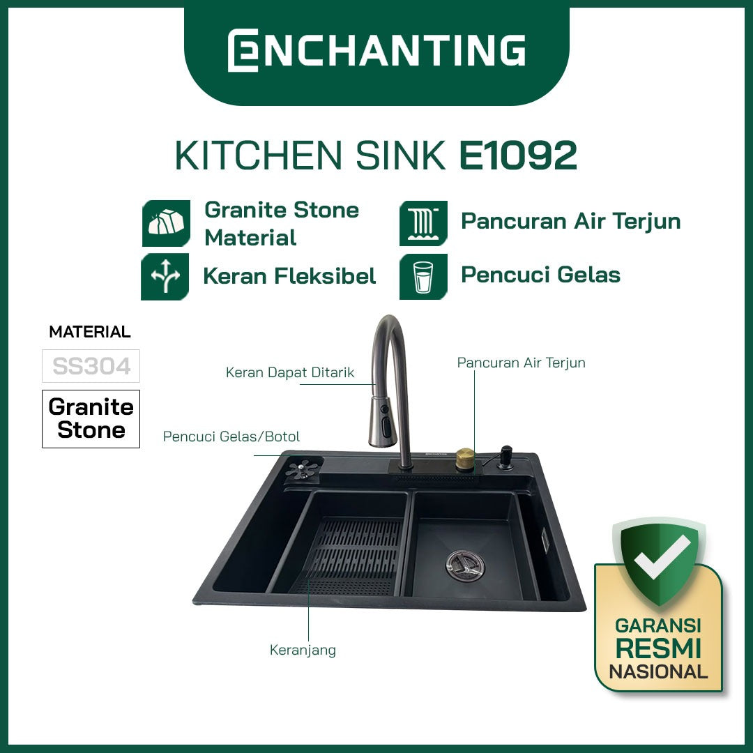 ENCHANTING Kitchen Sink Bak Cuci Piring Dapur Granite 1 Bowl Topmount Black E1092