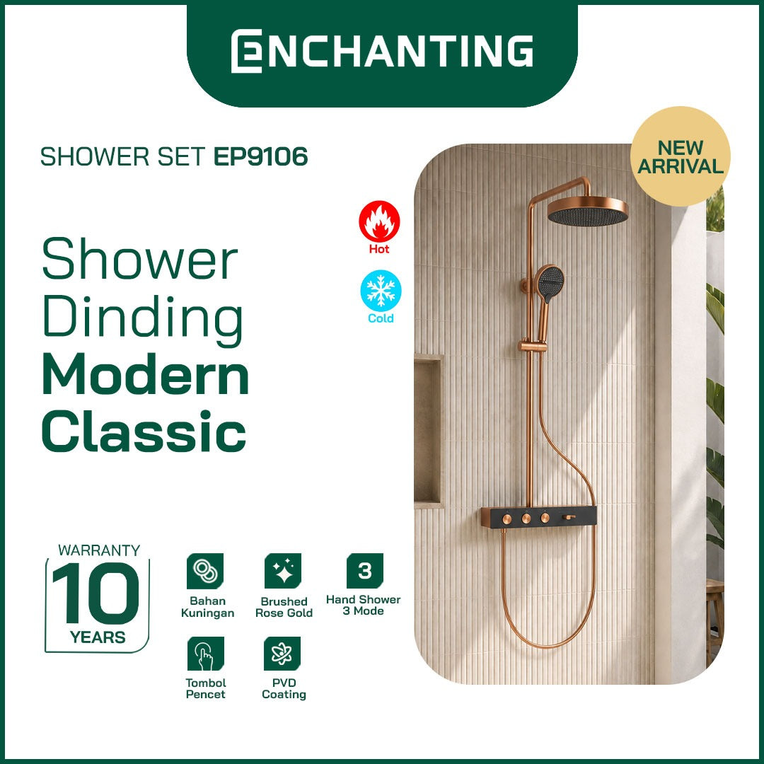 ENCHANTING Shower Dinding Modern Classic PVD Coating Brushed Rose Gold Air Panas Dingin Kuningan Material Mode Air Terjun Tombol Pencet EP9106