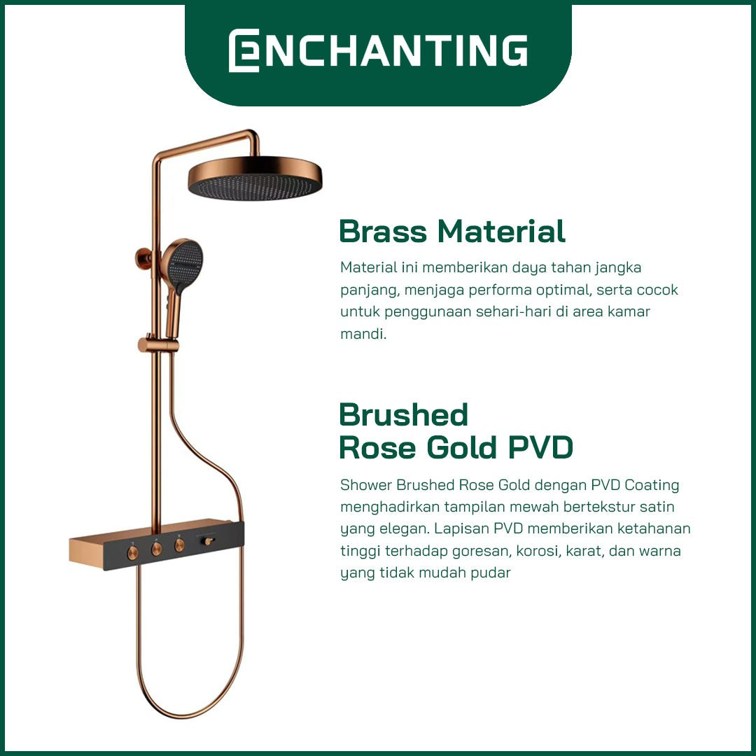ENCHANTING Shower Dinding Modern Classic PVD Coating Brushed Rose Gold Air Panas Dingin Kuningan Material Mode Air Terjun Tombol Pencet EP9106