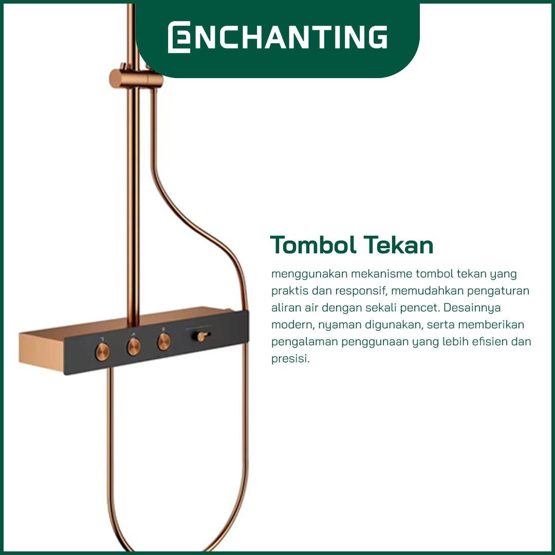 ENCHANTING Shower Dinding Modern Classic PVD Coating Brushed Rose Gold Air Panas Dingin Kuningan Material Mode Air Terjun Tombol Pencet EP9106