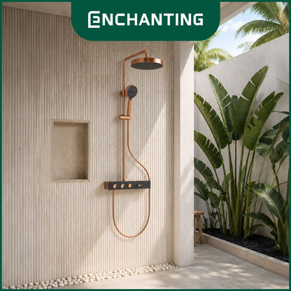 ENCHANTING Shower Dinding Modern Classic PVD Coating Brushed Rose Gold Air Panas Dingin Kuningan Material Mode Air Terjun Tombol Pencet EP9106