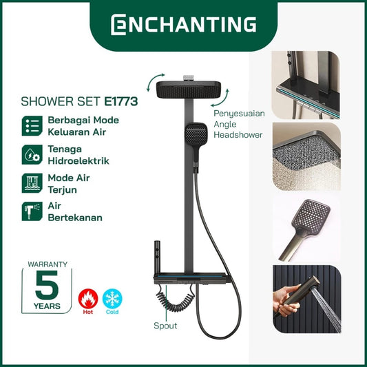 ENCHANTING Shower Set Tiang Mandi LED Black Design Kran Panas Dingin E1773 HydroPower Series