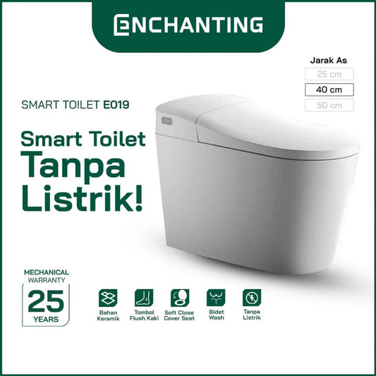 ENCHANTING Smart Toilet/Kloset Tanpa Listrik Duduk Pintar Soft Close Cover Jarak AS 40 cm Automatic White Bergaransi E019