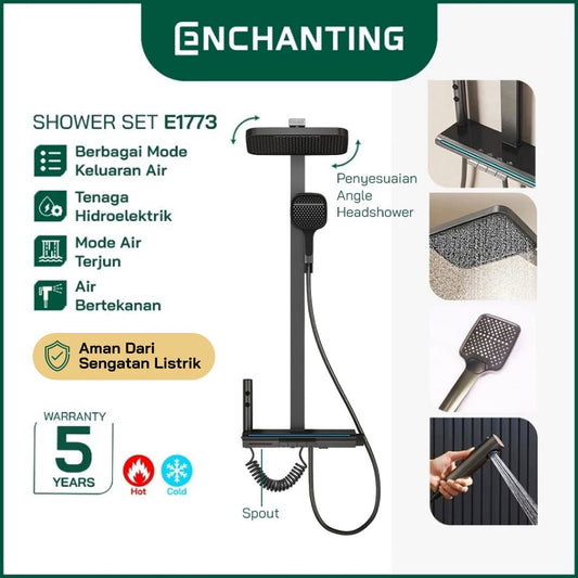 ENCHANTING Shower Set Tiang Mandi LED Black Design Kran Panas Dingin E1773 HydroPower Series