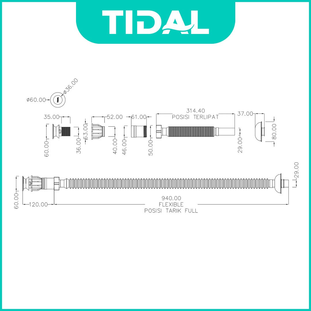 Afur + Selang Saluran Pembuangan Air Wastafel TIDAL TD070