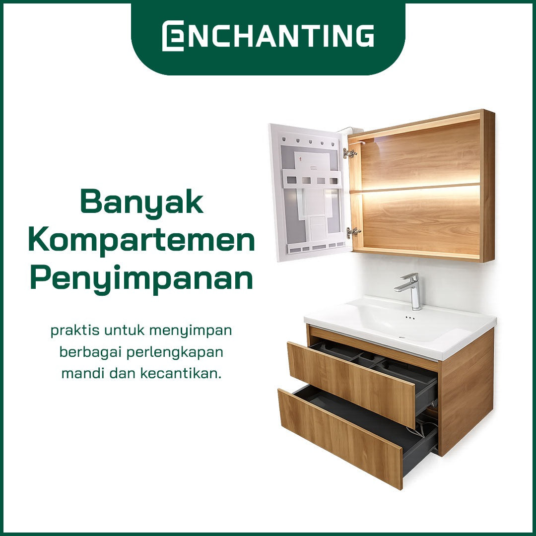ENCHANTING Bathroom Cabinet/Kabinet Kamar Mandi Gantung PVC Material Waterproof Tahan Rayap Lampu LED Cream Cokelat Hitam BM109 BM110 BM111