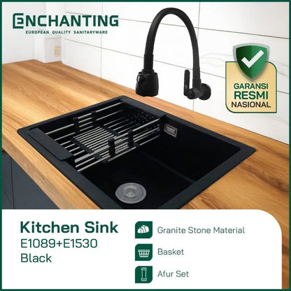 ENCHANTING Kitchen Sink E1089 Bak Cuci Piring Dapur Granite 1 Bowl Topmount Black E1089 Set Keran