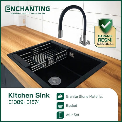 ENCHANTING Kitchen Sink E1089 Bak Cuci Piring Dapur Granite 1 Bowl Topmount Black E1089 Set Keran